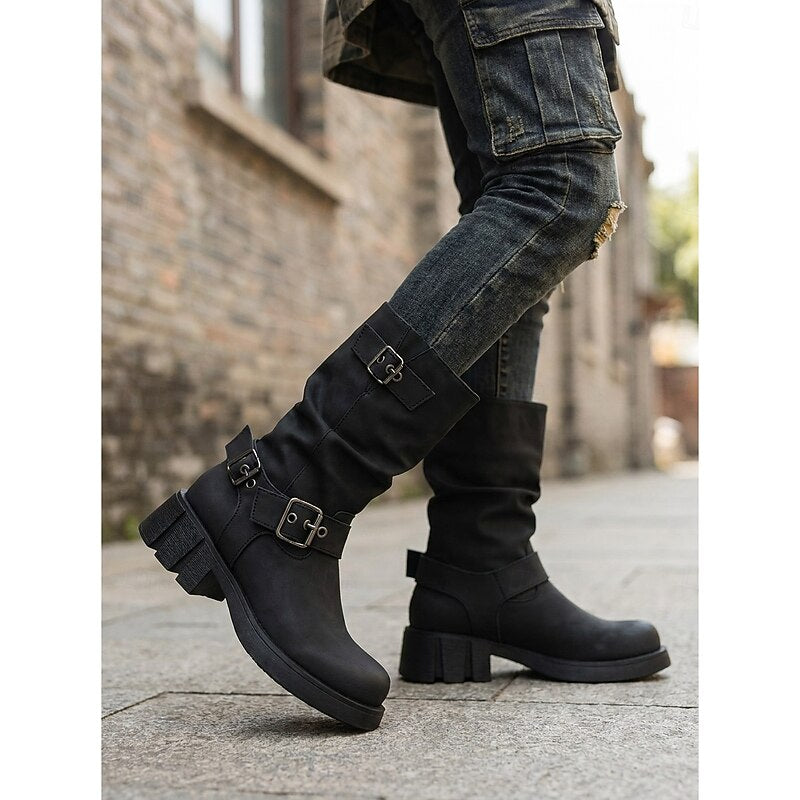 Chunky Sole Mid Calf Biker Boots with Buckle Detail and Block Heel for Women