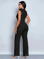 Black Pleated Knit Two-Piece Trouser Set for Women | V-Neck Peplum Top