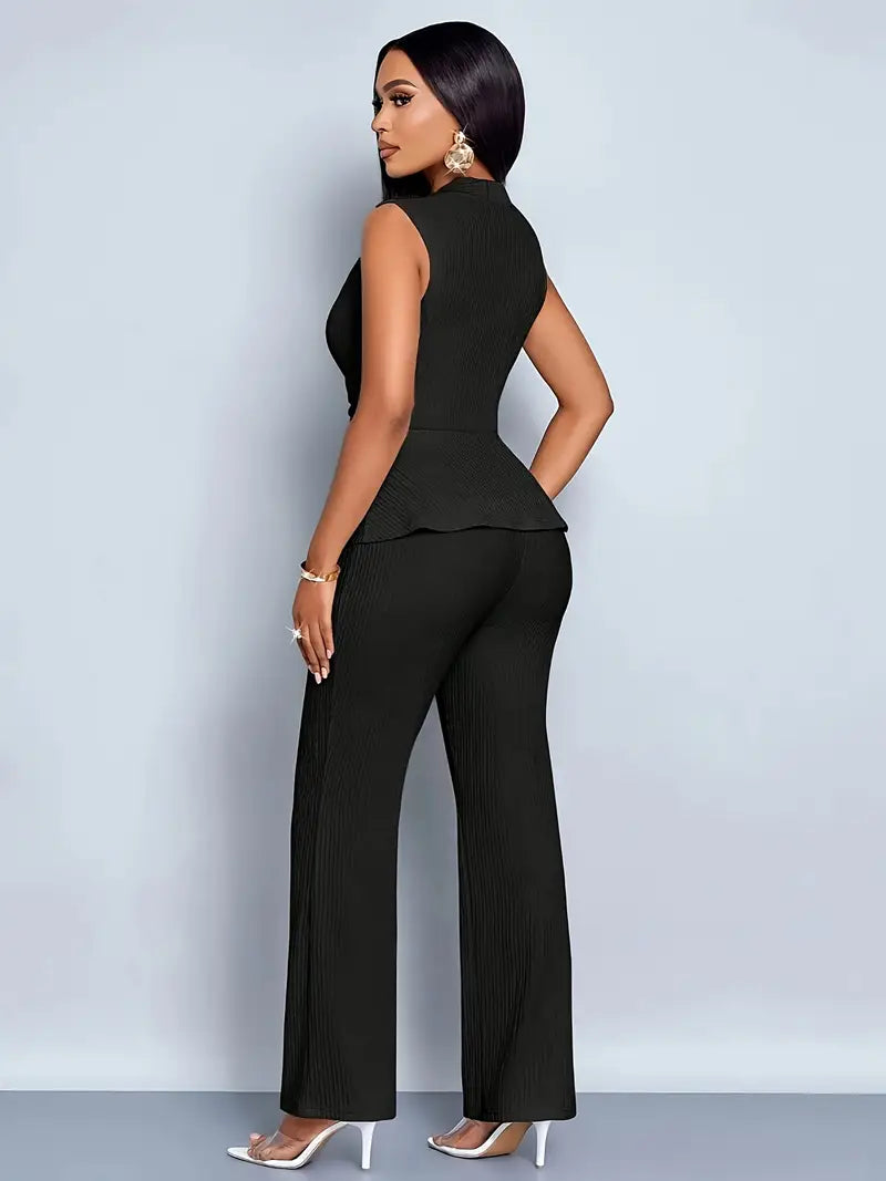 Black Pleated Knit Two-Piece Trouser Set for Women | V-Neck Peplum Top
