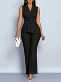 Black Pleated Knit Two-Piece Trouser Set for Women | V-Neck Peplum Top