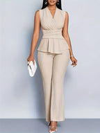 Black Pleated Knit Two-Piece Trouser Set for Women | V-Neck Peplum Top