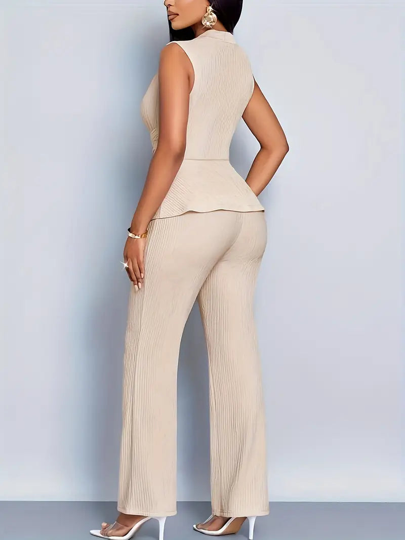 Black Pleated Knit Two-Piece Trouser Set for Women | V-Neck Peplum Top