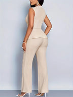 Black Pleated Knit Two-Piece Trouser Set for Women | V-Neck Peplum Top