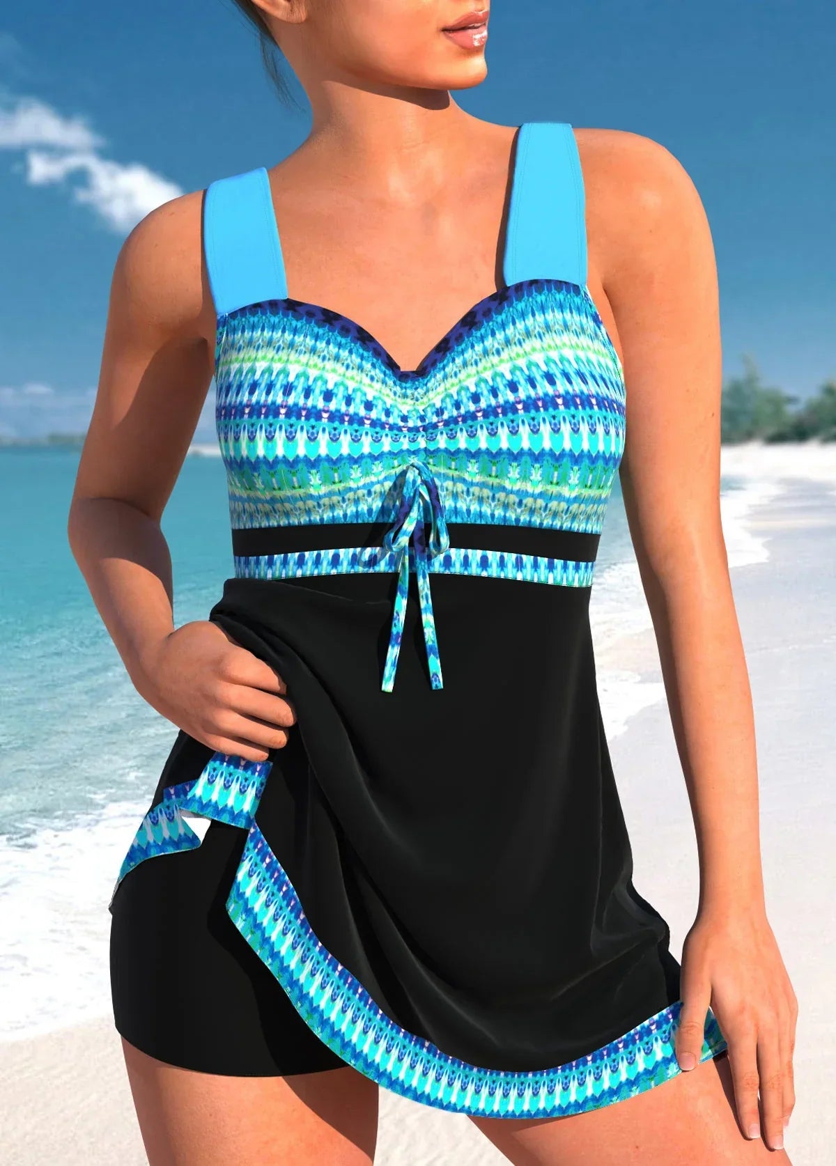 Women Tankini | V neck tie front wide strap cut