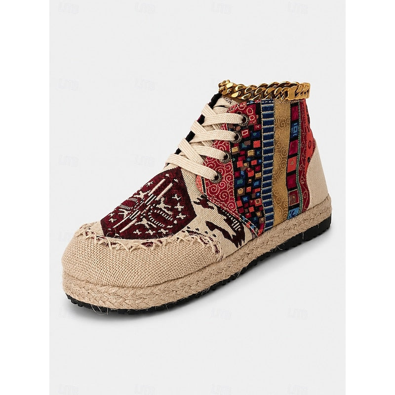 Red and Blue Bohemian Patterned High Top Lace Up Platform Trainers for Women