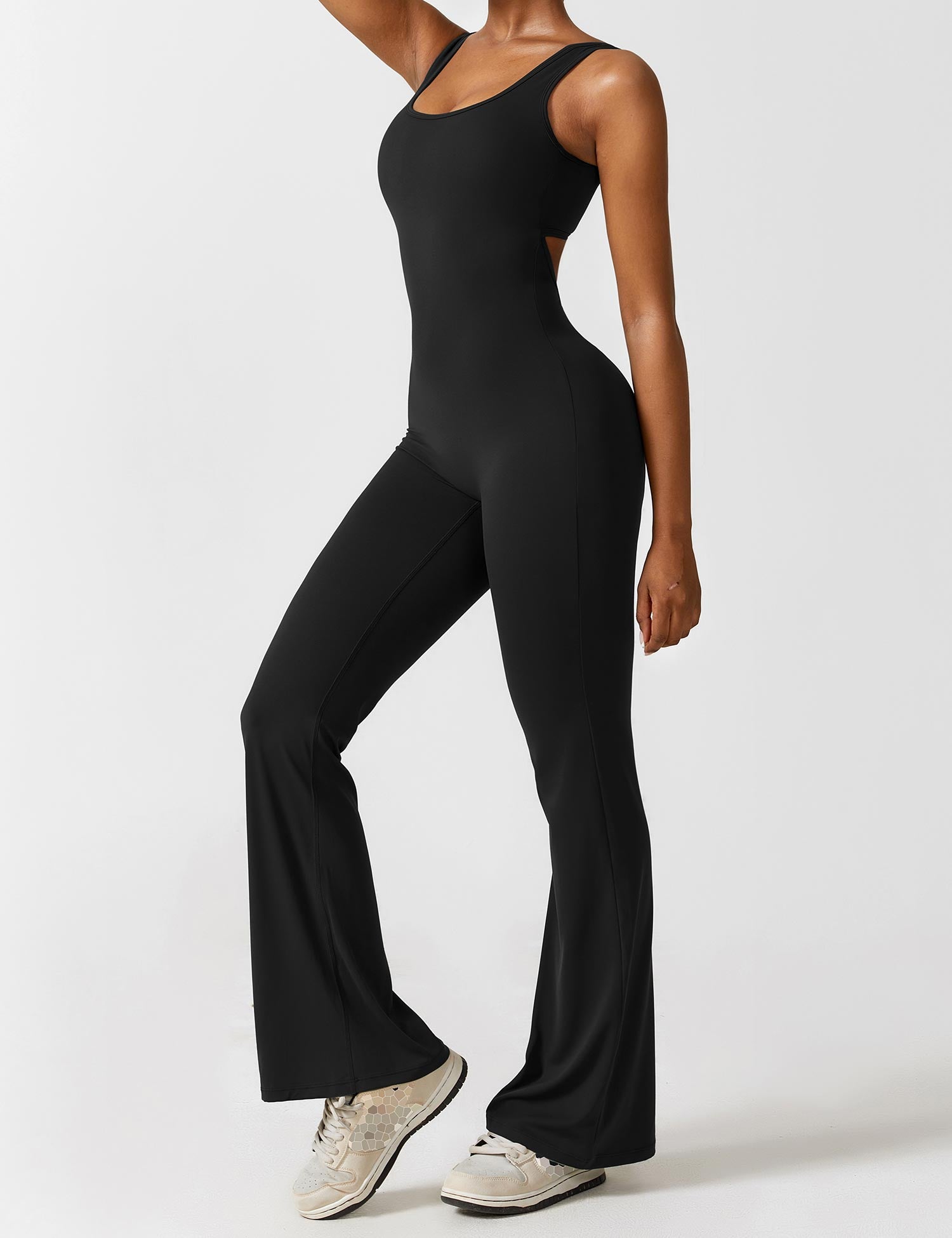 Black Open Back Flared Leg Jumpsuit for Women | Sport and Casual Wear