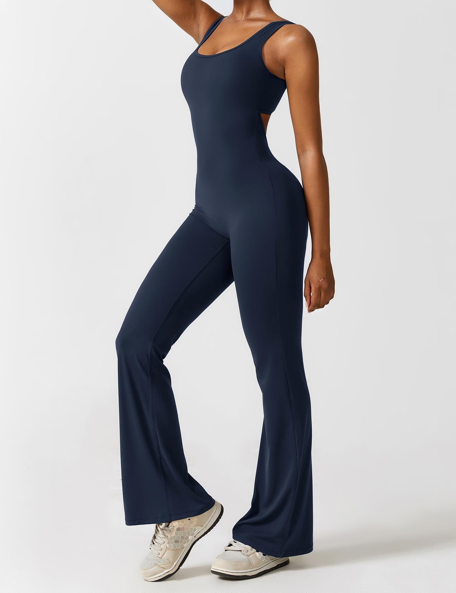 Black Open Back Flared Leg Jumpsuit for Women | Sport and Casual Wear