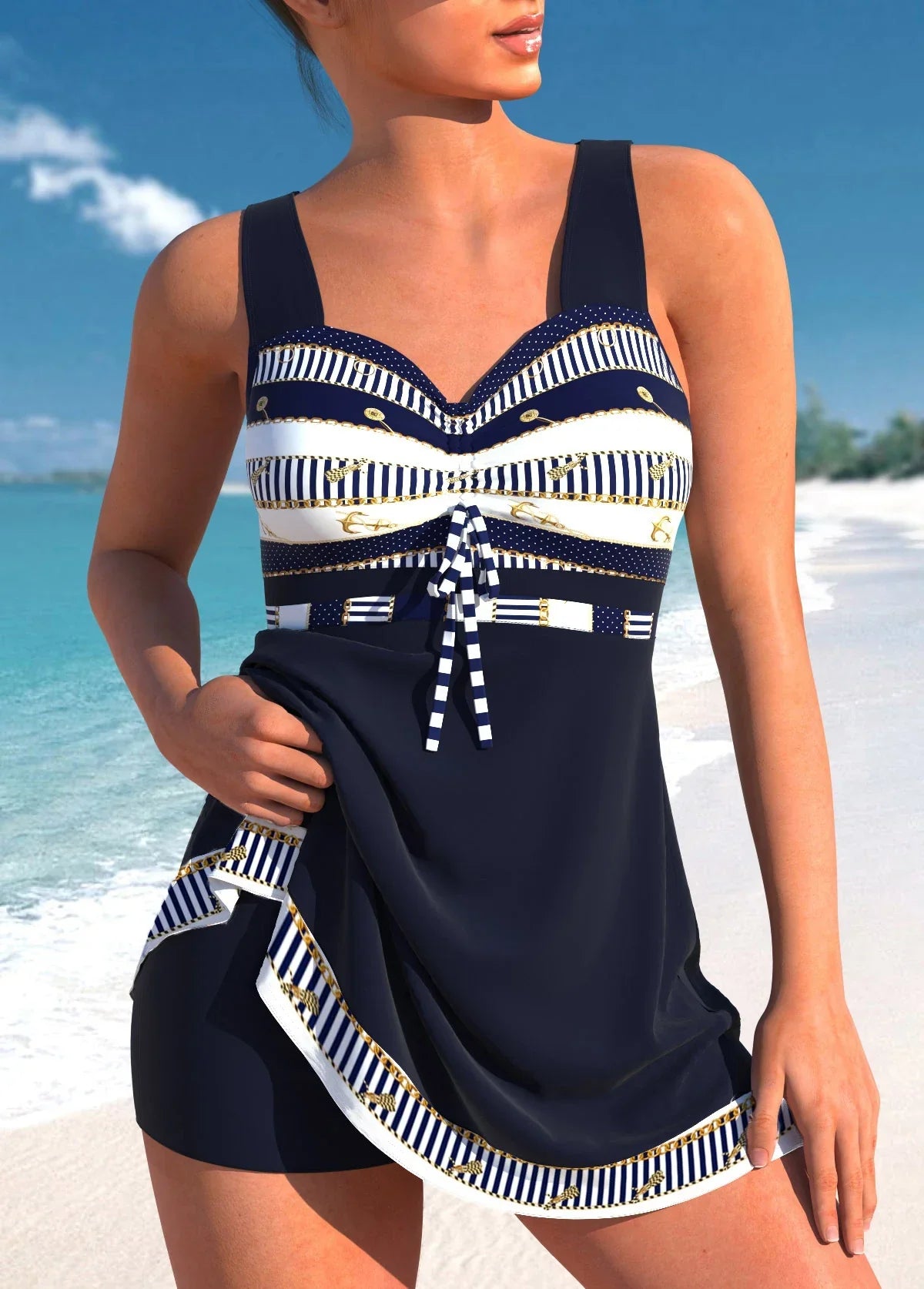 Women Tankini | V neck tie front wide strap cut
