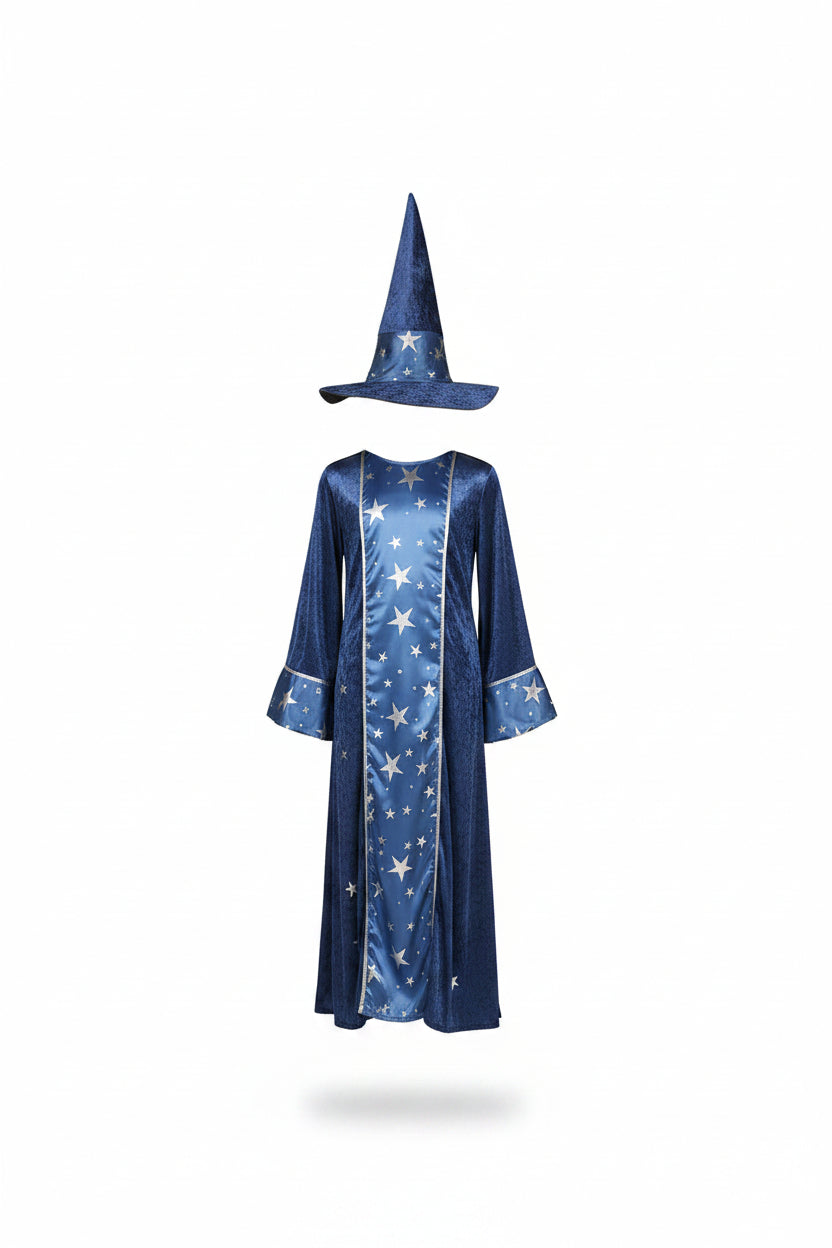 Dark Blue Star Wizard Robe and Hat Costume for Boys | Halloween Fancy Dress
