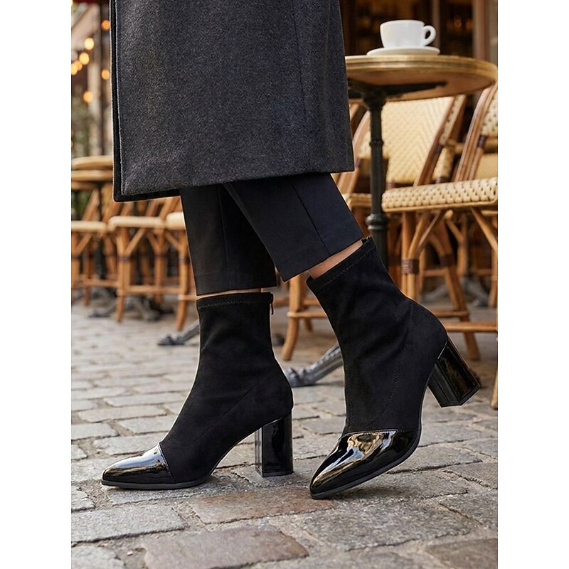 Stretch Shaft Cap Toe Chunky Block Heel Ankle Boots for Women | Office Wear