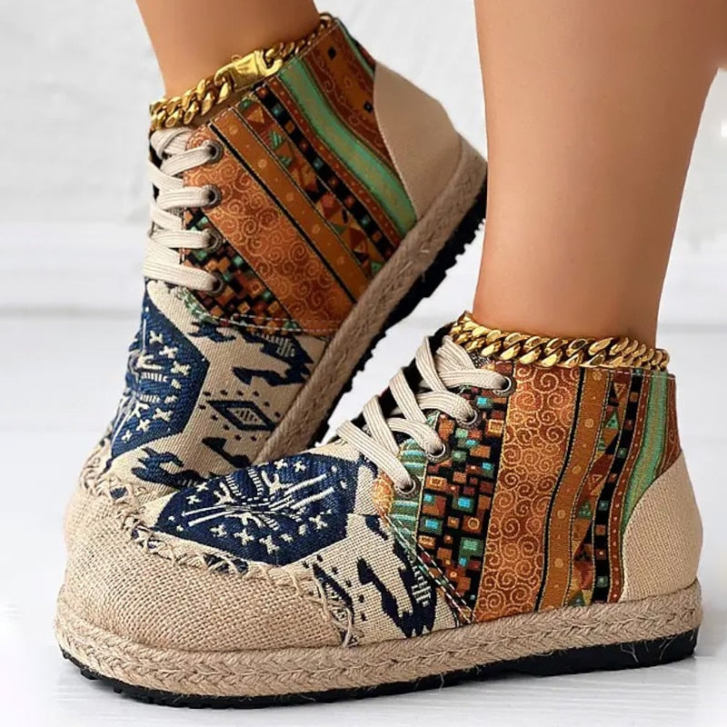 Red and Blue Bohemian Patterned High Top Lace Up Platform Trainers for Women